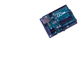 Green Arduino Uno on isolated white background