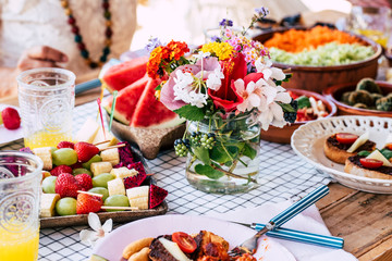 Close up of table full of seasonal fruits and vegetables for a healthy lifestyle and diet nutrition...