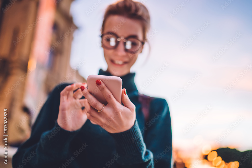 Poster selective focus on modern cellphone device with 4g wireless internet connection for online communica