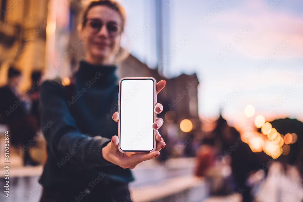 Poster selective focus on blank smartphone gadget with copy space area for advertising or content text on p