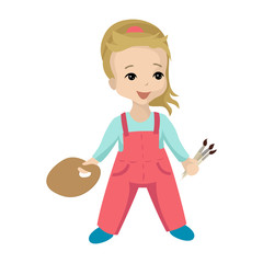 Girl artist with brushes and palette in hand. Vector character