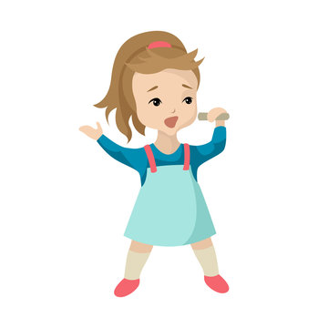 Little girl sings into a microphone, a children performance. Vector character