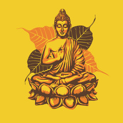 Obraz premium Buddha sits in the Lotus and blesses against the backdrop of the leaves of the sacred Buddhist Bodhidharma tree. Vector retro poster in vintage style
