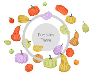 Round frame with scattering of colored pumpkins. Vector illustration isolated on white background