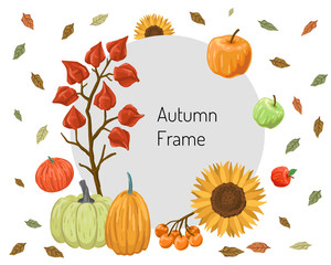 Round frame for the text of the autumn offer. Harvest and leaves around. Vector illustration
