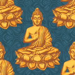 Buddha sits in the Lotus and blesses against the backdrop of the leaves of the sacred Bodhi tree. Retro vector seamless pattern in vintage style