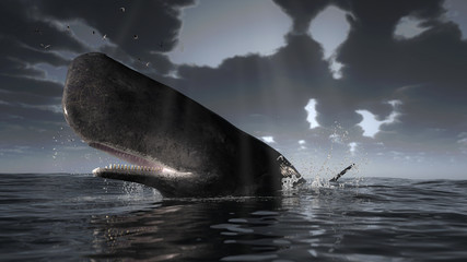 Cachalot sperm whale is over the sea surface under dramatic overcast weather 3d rendering