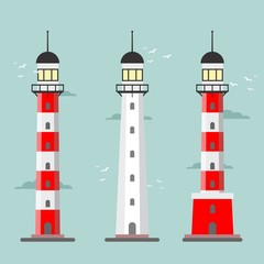 Vector set of cartoon flat lighthouses. Searchlight towers for maritime navigational guidance