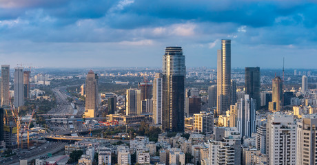 Fototapeta na wymiar Ramat Gan And Tel Aviv Skyline In Sunset, New Skyscraper In Ramat Gan