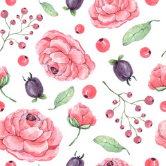 Seamless pattern with watercolor peonies, twigs, leaves, berries and buds is perfect for printing, textile, fabrics, wrapping and scrapbook paper, wallpaper and any design.