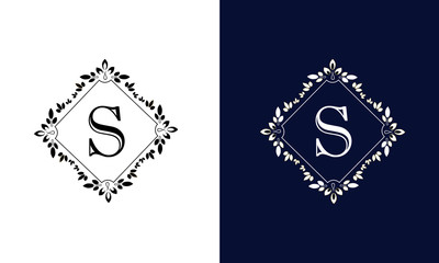 Decorative monogram flower with letter S on white and black background. Design with ornament of emblem of enterprise, organization, institution.