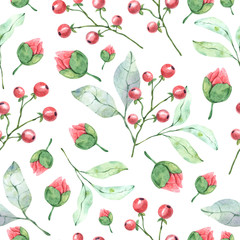 Seamless pattern with watercolor berries, leaves, buds and twigs is perfect for printing, textile, fabrics, wrapping and scrapbook paper, wallpaper and any design.