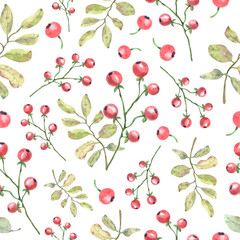 Seamless pattern with watercolor leaves, berries, buds and twigs perfect for printing, textile, fabrics, wrapping and scrapbook paper, wallpaper and any design.