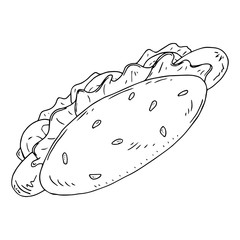Hot dog. Vector illustration of fast food sausage with a bun. Hand drawn hot dog with a sausage.