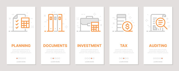 Fototapeta na wymiar Accounting, planning, auditing, investments vertical cards. Templates for a website. Icons with editable stroke