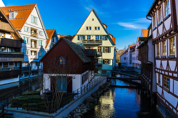 Germany, Swabian venice, originally fishermens and tanners quarter in ulm old town with frame houses alongside water of blau river flowing through the city