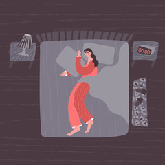 Cute vector character sleeping at night in the bedroom. Woman lying in bed. Stages of sleep, insomnia, sleeping position concept. Flat top view illustration.