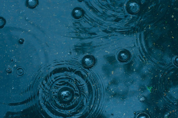blue background puddle of rain / raindrops, circles on a puddle, bubbles in the water, the weather...