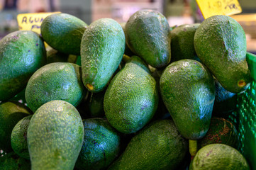 Fresh ripe green avocados in box on farmers market in Spain