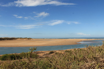 a river flowing into the sky, sandbank and birds
