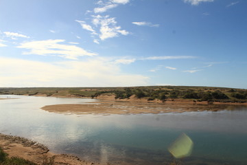 a river flowing into the sky, sandbank and birds