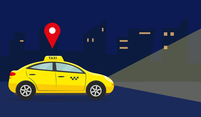 Yellow car in night city. Vector illustration.
