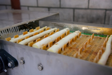 Industrial processing of white asparagus vegetable on agricultural farm in Netherlands, washing, peeling, sorting and packing for delivery
