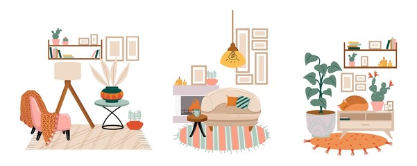 Set of warm and cozy interiors of living rooms vector illustration. Unique variants for lounge design flat style. Calm and pastel shades for sitting room design. Isolated on white