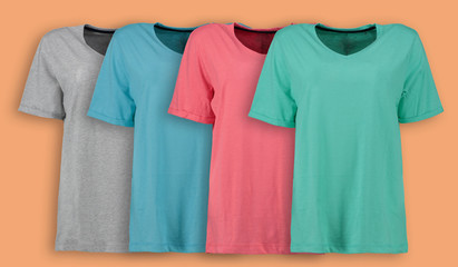 Women’s color t-shirt on an orange background. Collection.Home clothes.