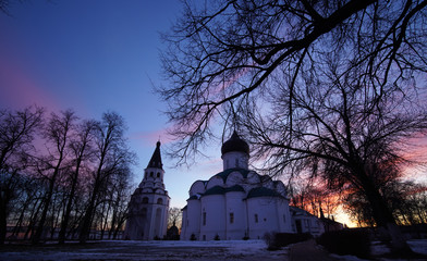 Bell Tower and holy trinity cathedral at sunset.Aleksandrova Sloboda
