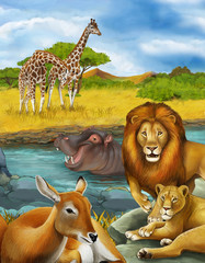 cartoon scene with antelope and hippopotamus hippo near river and lion