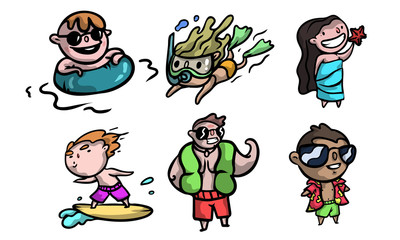 Happy children in swimwear enjoying summer and beach vector illustration