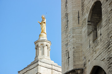 Golden statue of Virgin Mary at Palais des papes in Avignon