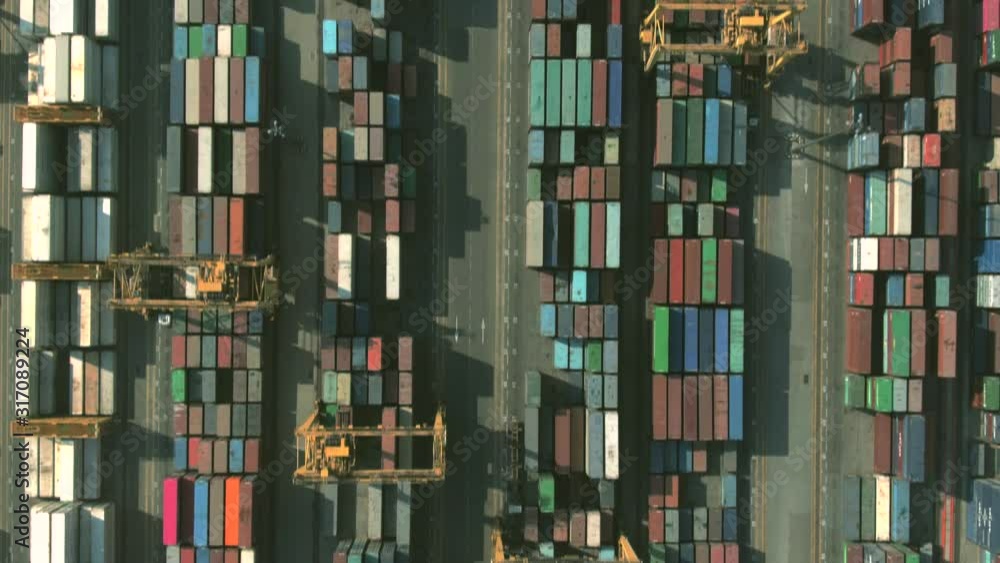 Poster aerial overhead view of a big container terminal in the port. product shipping, export or import rel