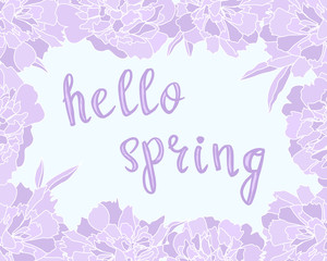 hello spring handwritten text with abstract  lush lavender colored flowers frame on light background, editable vector illustration for spring or summer decorations, print, banner, poster