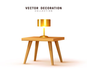 Wood desk. Golden table lamp illuminates wooden table. Realistic 3d interior object isolated with shadow. Vector illustration