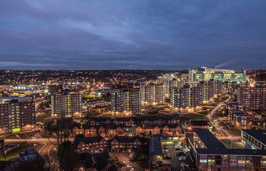 Nightshot over Lincoln green tower blocks and St James's Hospital - Leeds