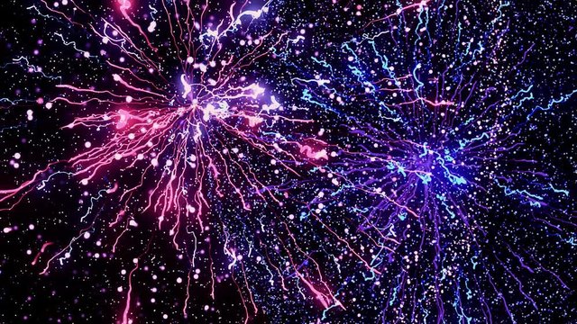 Lightning explosion, flashing light impulses on black background, seamless loop. Animation. Energy explosion, breathtaking spheres and particles.