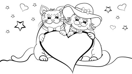 Happy cute Cats Couple in Love coloring book. Black and White Valentines Day Cartoon Cats