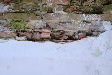 Background. Dirty old brick plastered wall with cracks and fallen plaster.