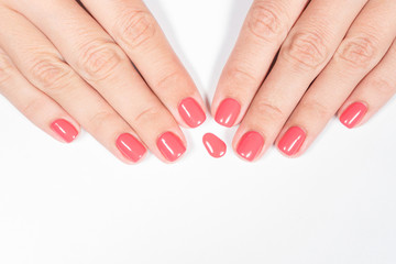 Closeup top view of two female hands with fresh bright gel polished manicure of fingernails isolated on white background.