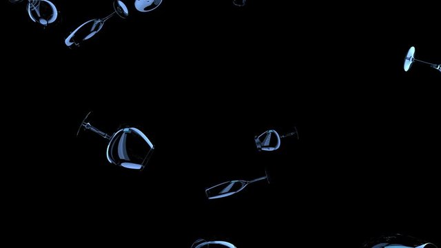   3d animation of falling wineglass on a black background.