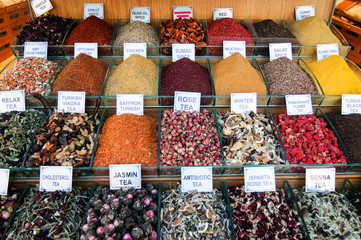 Spices and condiments at a street market in Istanbul.