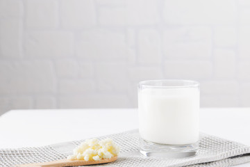 Homemade fermented beverage kefir with kefir grains in bowl on a white background, concept of...