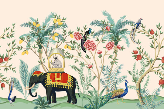 Vintage indian floral palm tree, plant, elephant animal, peacock bird seamless border pink background. Exotic oriental wallpaper.