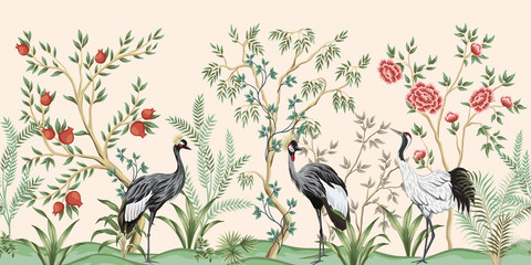 Cotton fabric Vintage garden tree, pomegranate tree, plant, crane bird floral seamless border pink background. Exotic chinoiserie wallpaper.