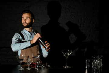 Professional bartender holding a steel shaker on the bar counter with the bar equipment