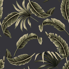 Tropisches florales Laub dunkelgrüne Palmblätter, Bananenblätter nahtlose Muster schwarzen Hintergrund. Exotische Dschungel-Nacht-Tapete.