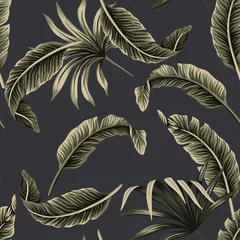 Tapeten Tropisches florales Laub dunkelgrüne Palmblätter, Bananenblätter nahtlose Muster schwarzen Hintergrund. Exotische Dschungel-Nacht-Tapete. © good_mood