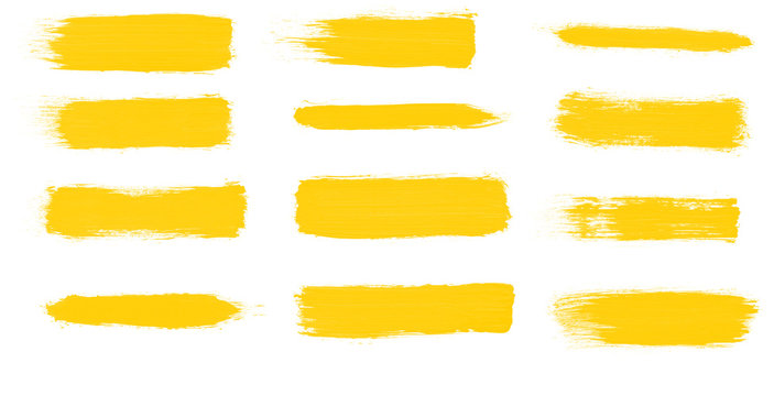 Set Of Yellow Paint Smear Brushes For Painting